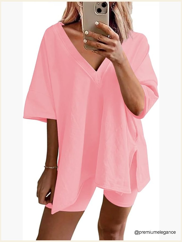 2 Piece Lounge Set V Neck T-Shirt Biker Shorts Oversized S-Xxl